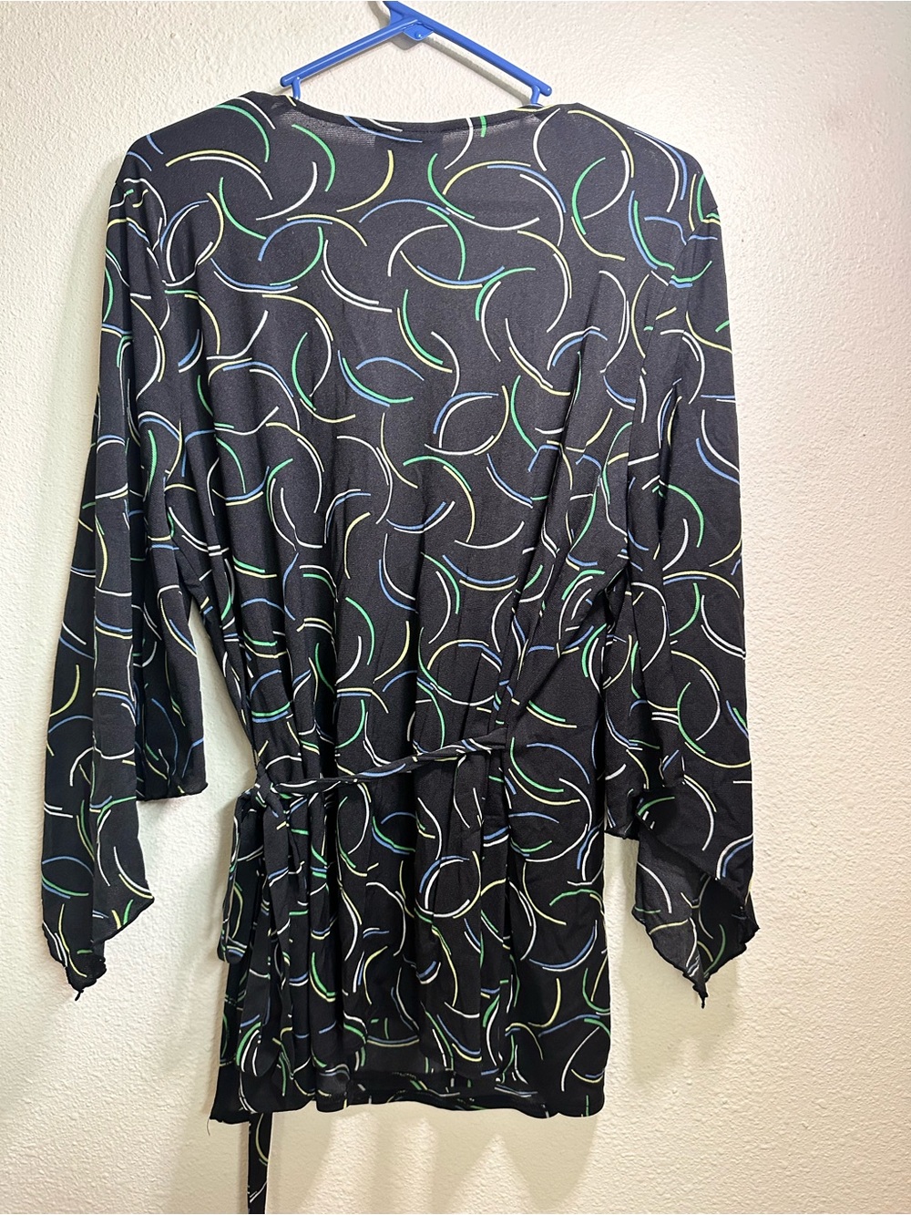 Lane Bryant‎ Black Wrap Blouse with Green and Light Blue Swirl Print - Picture 3 of 9